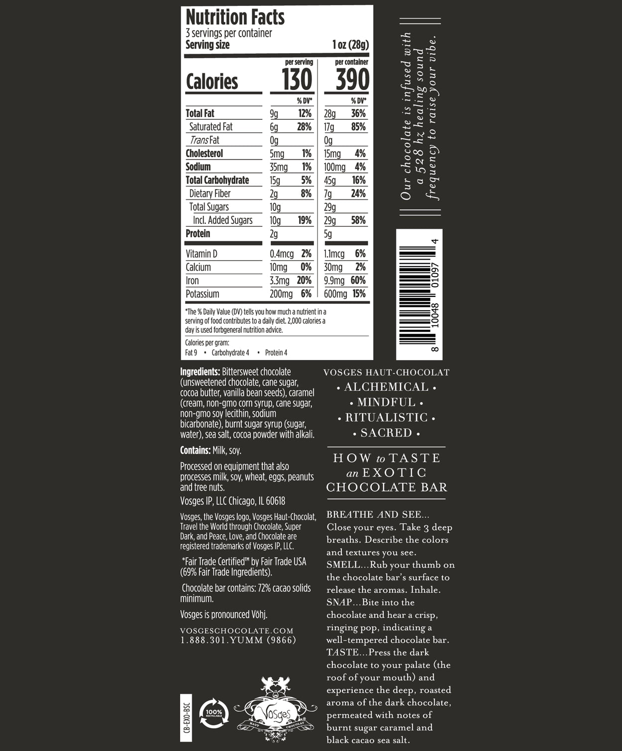 Nutrition Facts and Ingredients of Vosges Haut-Chocolat Black Salt Caramel bar in white, san-serif font on a black background.