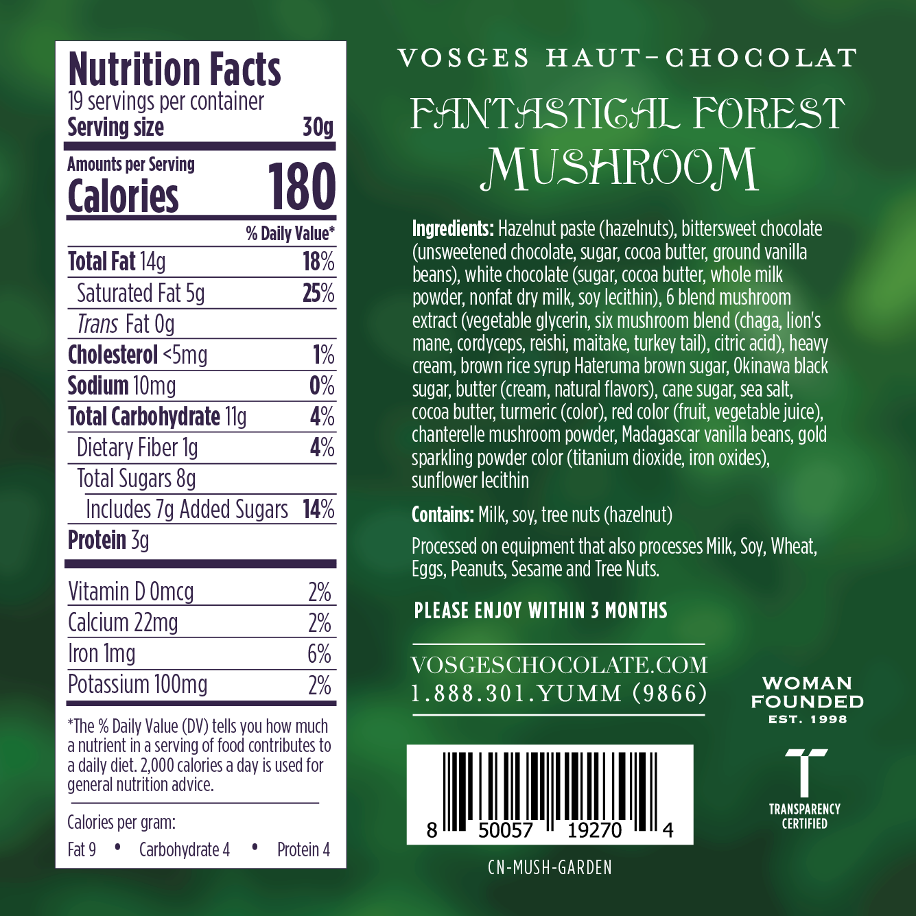 a nutritional facts panel for Vosges Fantastical Forest Mushroom