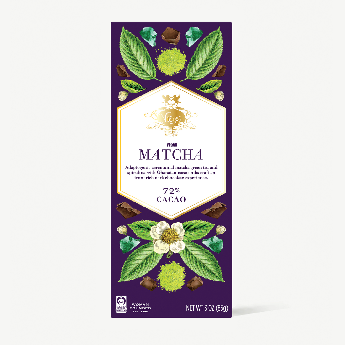 3 ounce vegan matcha green tea chocolate bar with cacao nibs and spirulina. 