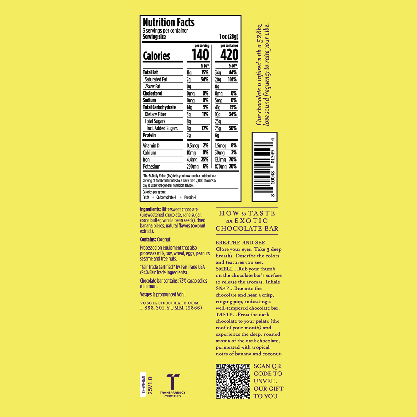 A picture of the Banana Coconut Chocolate Bar nutritional fact panel. 