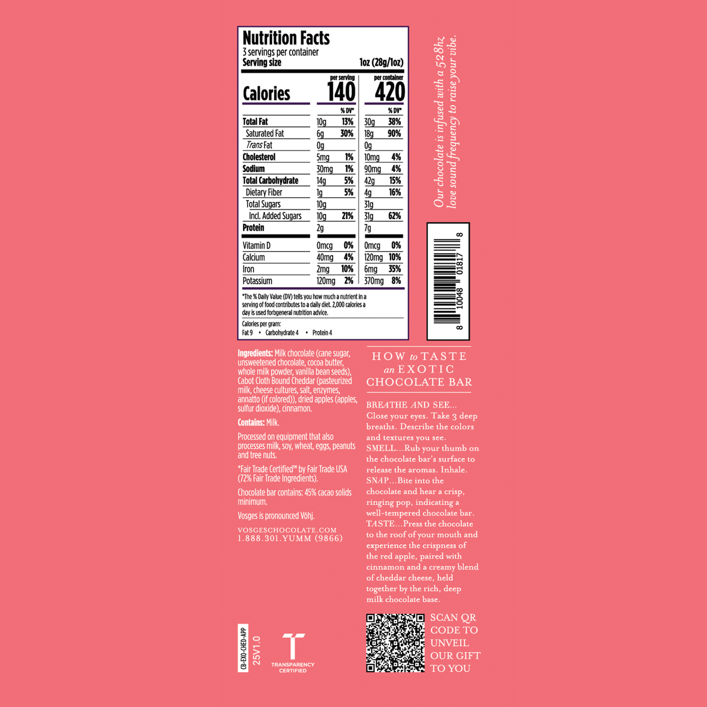 Nutritional facts panel for 3 ounce Vosges Cheddar and Apple bar