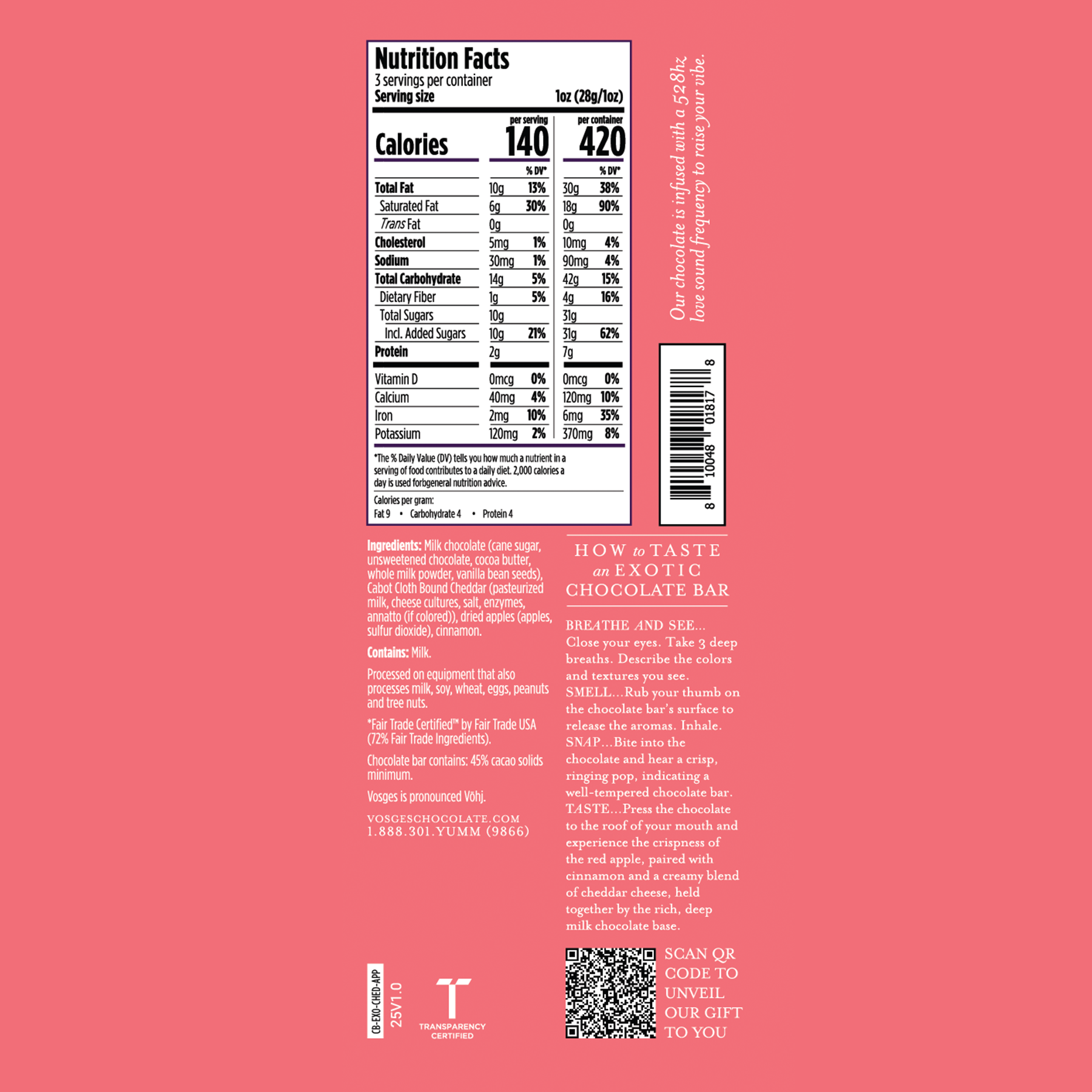 Nutritional facts panel for 3 ounce Vosges Cheddar and Apple bar