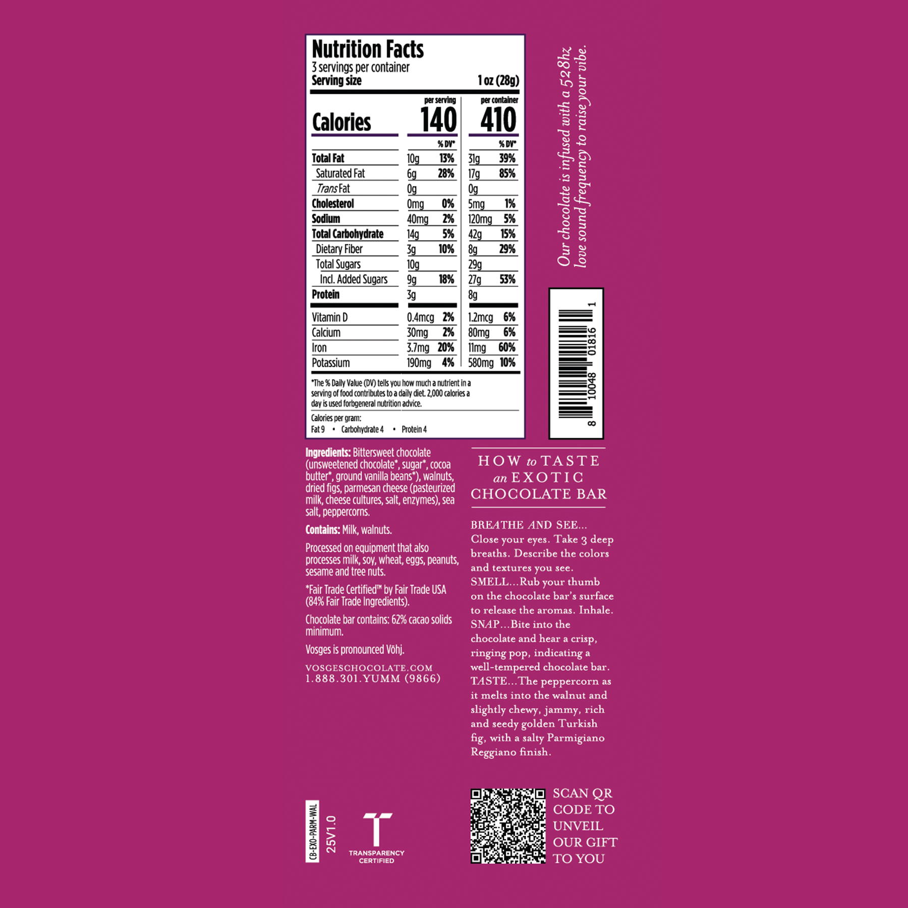 Nutritional facts panel for 3 ounce Vosges Parmesan Walnut and Fig bar