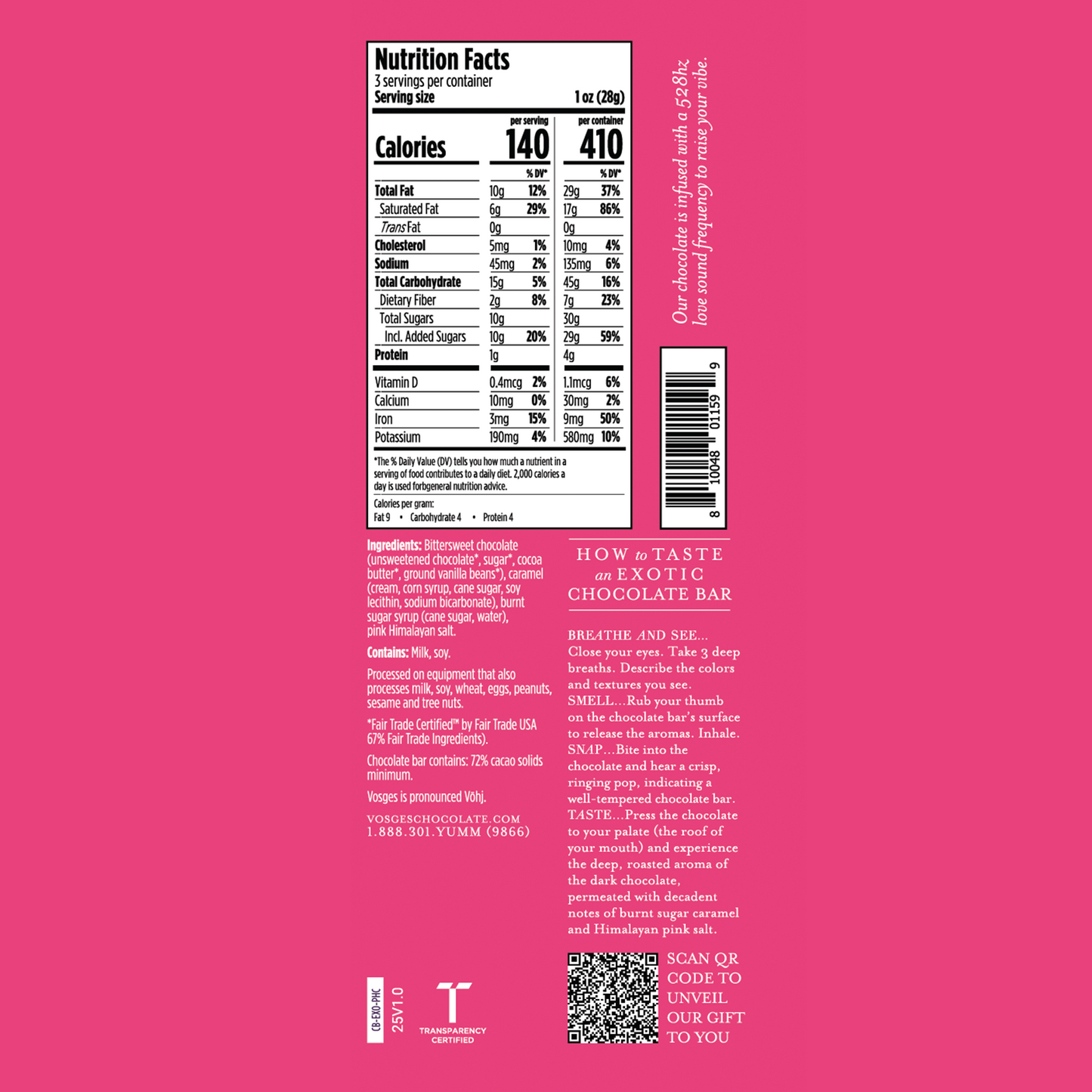 Nutritional facts panel for 3 ounce Vosges Pink Salt Caramel bar