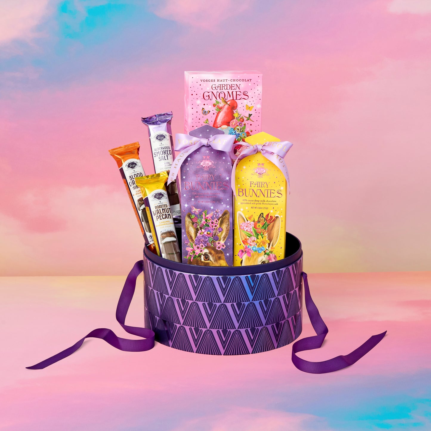 Vosges hatbox filled with fairy bunnies, garden gnomes and various caramel marshmallows. 